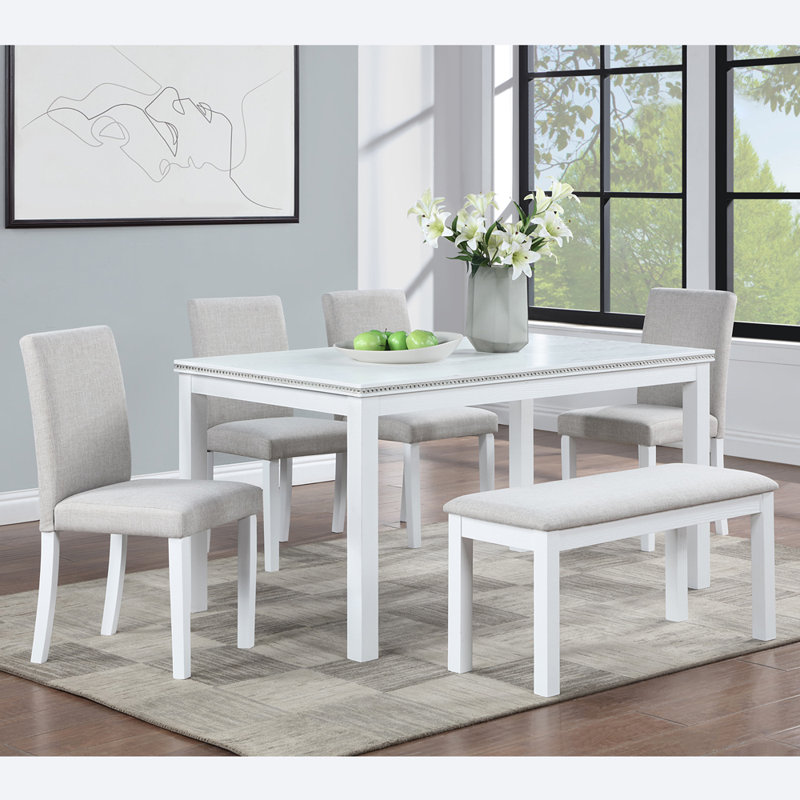Wooden Rectangular Table With Bench, White