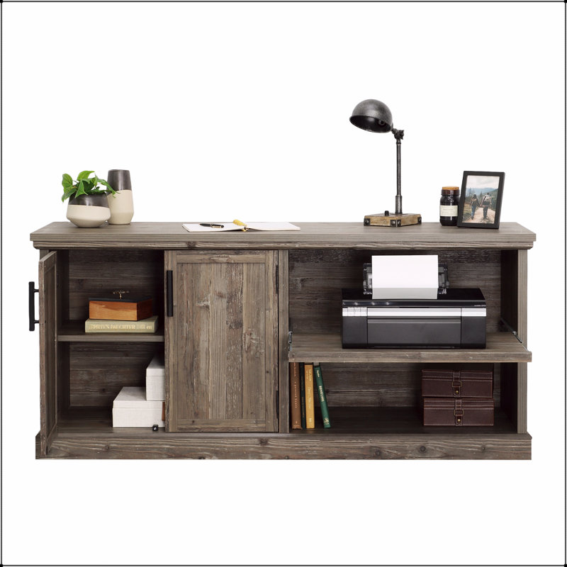 Crédence moderne à finition brune avec tablettes réglables et rangement dissimulé, parfaite pour le bureau à domicile et le salon