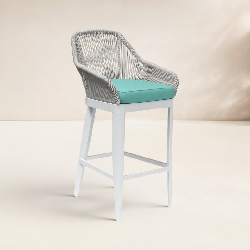 Miami Outdoor Bar Stool, Dupione Celeste Sunbrella®, White