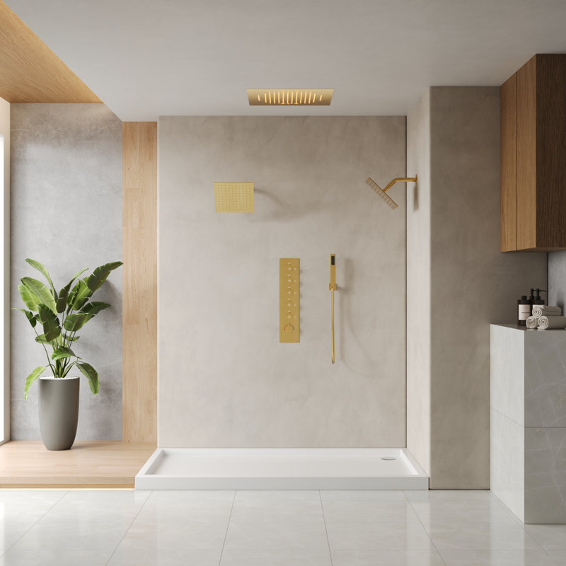 Robinet de douche thermostatique à DEL avec pomme de douche triple haute pression 20 "et musique Bluetooth, Or brossé