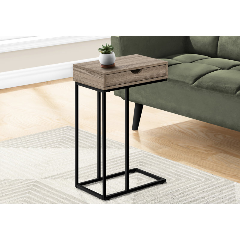 Table d'appoint avec option de rangement, stratifié taupe foncé et support en métal noir pour le salon brun