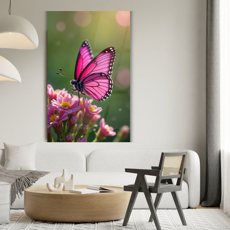 Art mural en verre trempé papillon rose, H 30 po x l 20 po