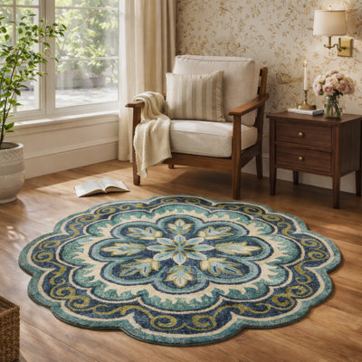 Cementon Handmade Green Floral 100% Wool Tufted Area Rug
