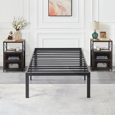 Ensemble de chambre avec lit plateforme et table de chevet en métal 3 pièces Blinni
