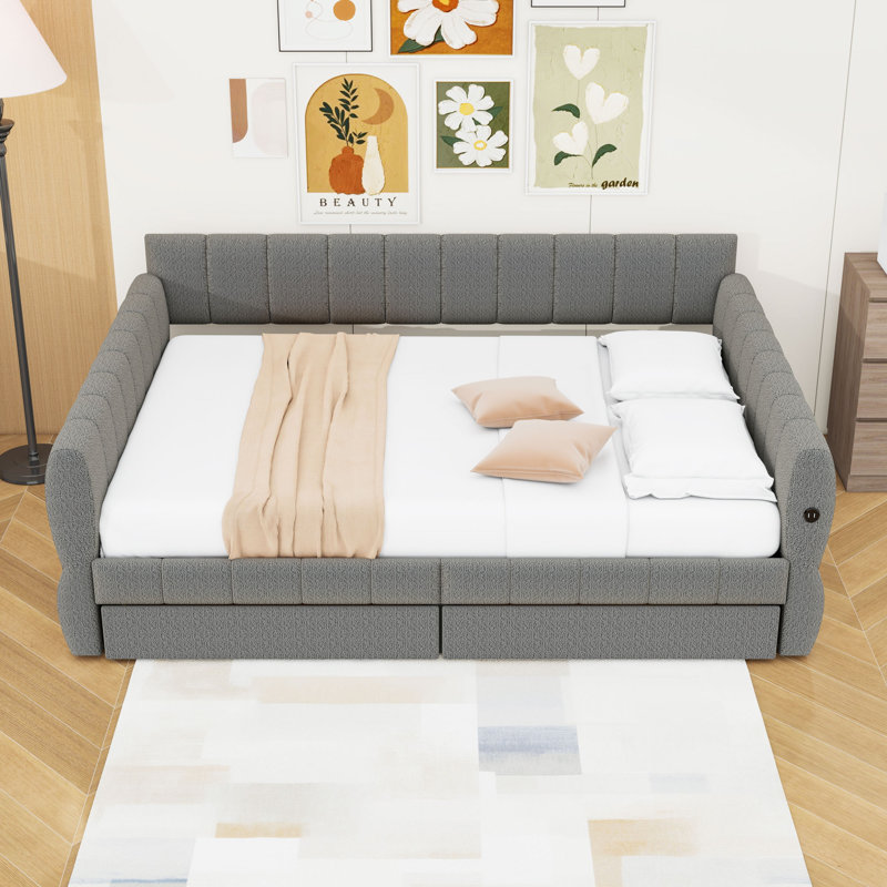 Grand lit plateforme tapissier avec ports USB et 2 tiroirs de rangement, Gris