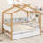 Wooden House Bed With Original Wood Colored Frame Trundle And Bookshelf Storage Space For Children Or Guest Room