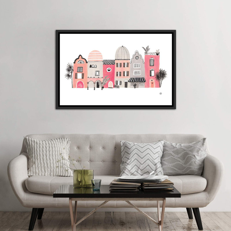 « row of houses », art, H 40 po x l 60 po x 1,5 po, Toile avec cadre noir patiné