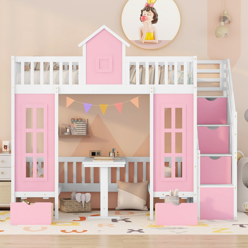 Geraine Bunk Bed with Changeable Table, Bunk Bed Turn into Upper Bed and Down Desk, Twin Over Twin, Pink