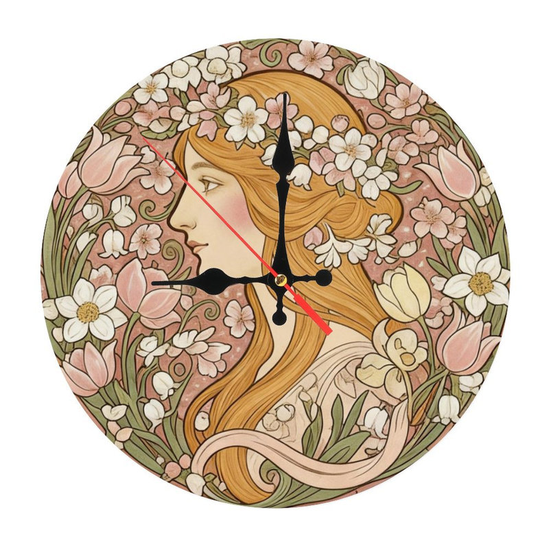 Horloge murale ronde en bois 10 po - Inspiré d'Alphonse Mucha, Été