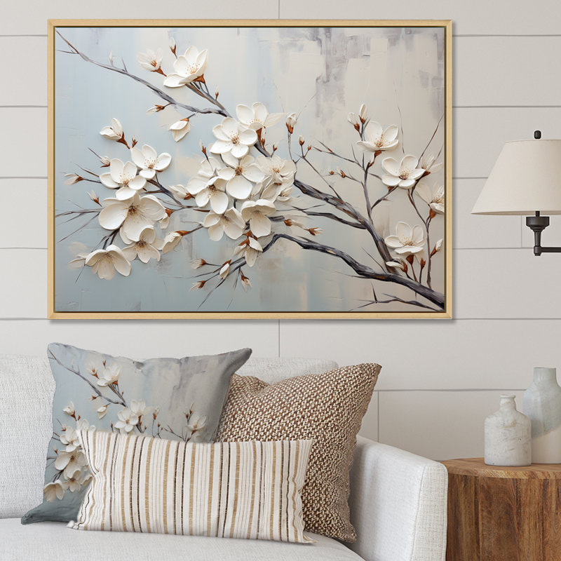 «White Dogwood Blossom Scenery III» - art mural cornouiller, Cadre flottant blanc, H 12 po x l 20 po x P 1 po