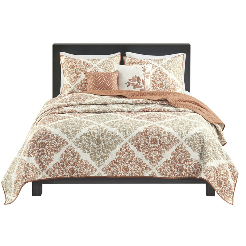 Courtepointe réversible 6 pièces - double / grand, motif de feuilles imprimées, courtepointe en microfibre, revers en tissu doux, détails sur les coussins
