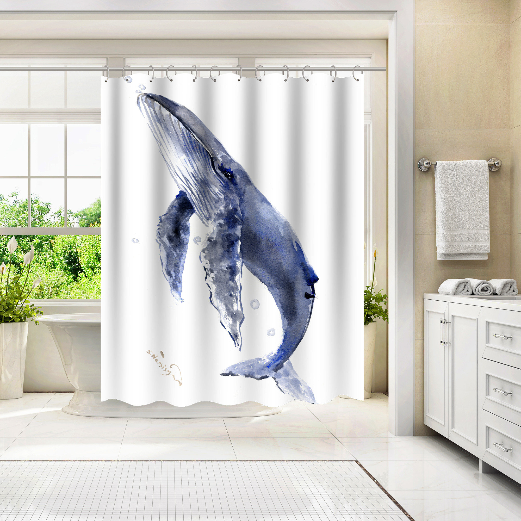 Funny Cat Whale Shower Curtain, Hilarious Cat Holding Trident