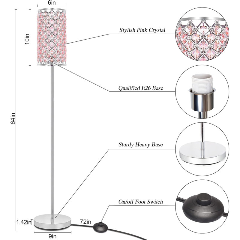 Crystal Floor Lamp For Bedroom, Floor Lamp With On/Off Foot Switch, Elegant Standing Light Tall Pole Lamp For Living Room, Dresser, Office (E26 Base)