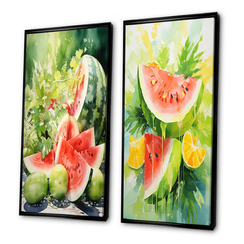«Summertime Watermelon Fruit IV», ensemble de 2 impressions sur toile de fruits, Cadre flottant noir, H 32 po x l 33 po