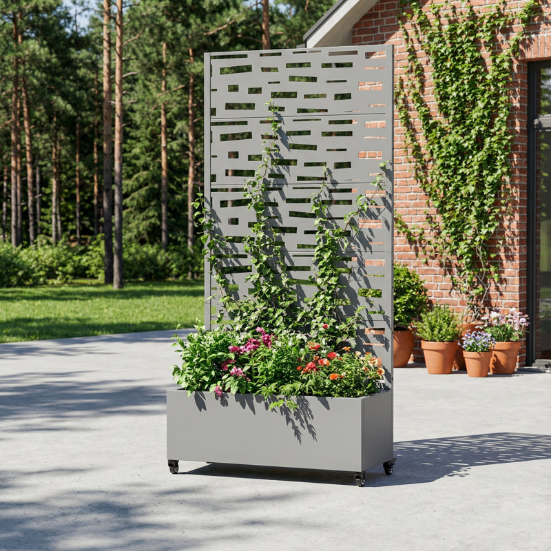 Boîte à fleurs en métal avec treillis et roues, H 72 po x l 35 po x P 16 po, Grey