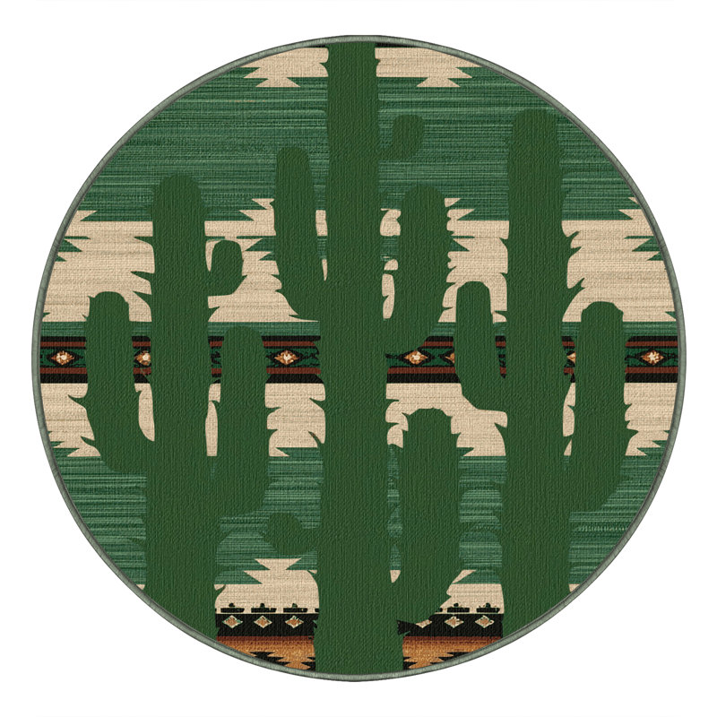 Washable Saguaro Cactus Southwestern Area Rug, Round 7'