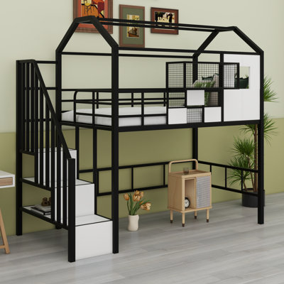 Lit mezzanine en métal avec toit et boîte de rangement