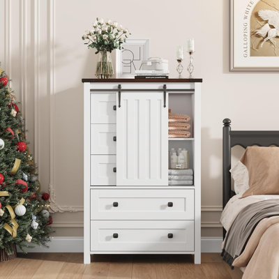 48" Tall Dresser for Bedroom with 5 Drawers, Sliding Barn Door, Wooden Closet Dresser with Adjustable Shelf and Handles, Farmhouse Storage Cabinet for