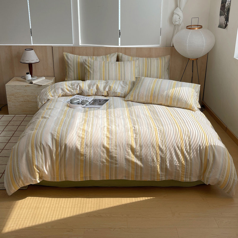 Farmhouse Colorful Pinstripe Washed Cotton Duvet Cover Set, Queen Duvet Cover + 2 Pillowcases, Yellow/White