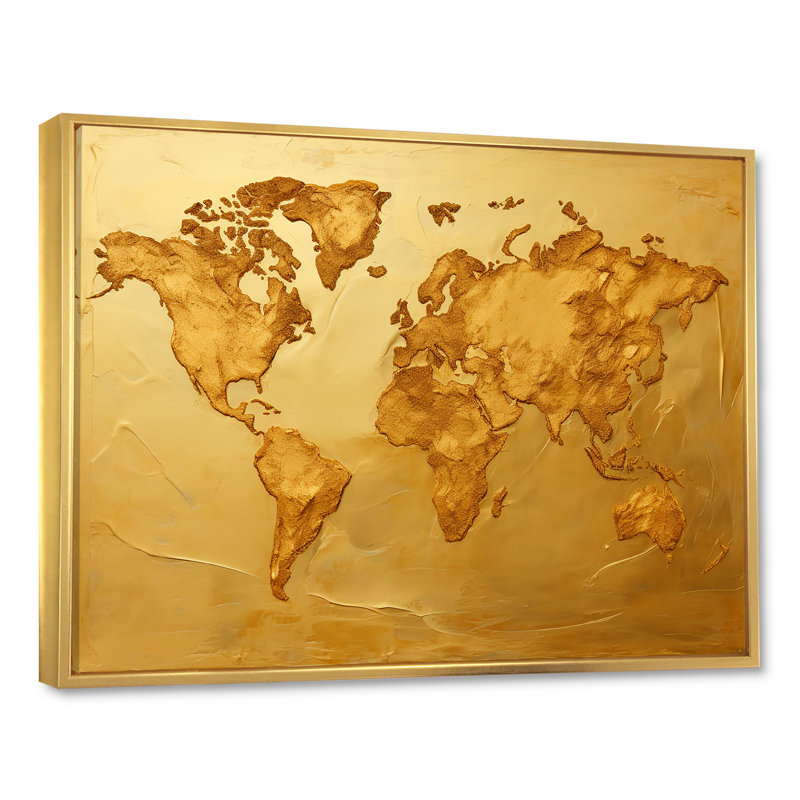 Carte du monde doré, impression sur toile encadrée, Cadre flottant doré, H 24 po x l 32 po x P 1 po