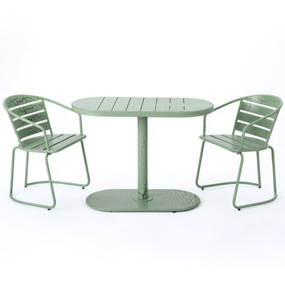 Elegant Garden Patio Backyard Bistro - Iron Construction, Matte Teal, 2 Chairs & Oval Table For Outdoor Use ,