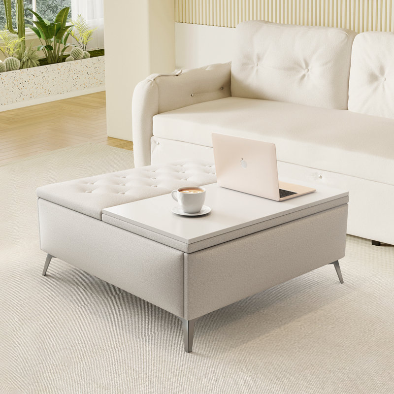 35 Inch Wide Square Storage Benches Coffee Table, Beige Top/Black Base