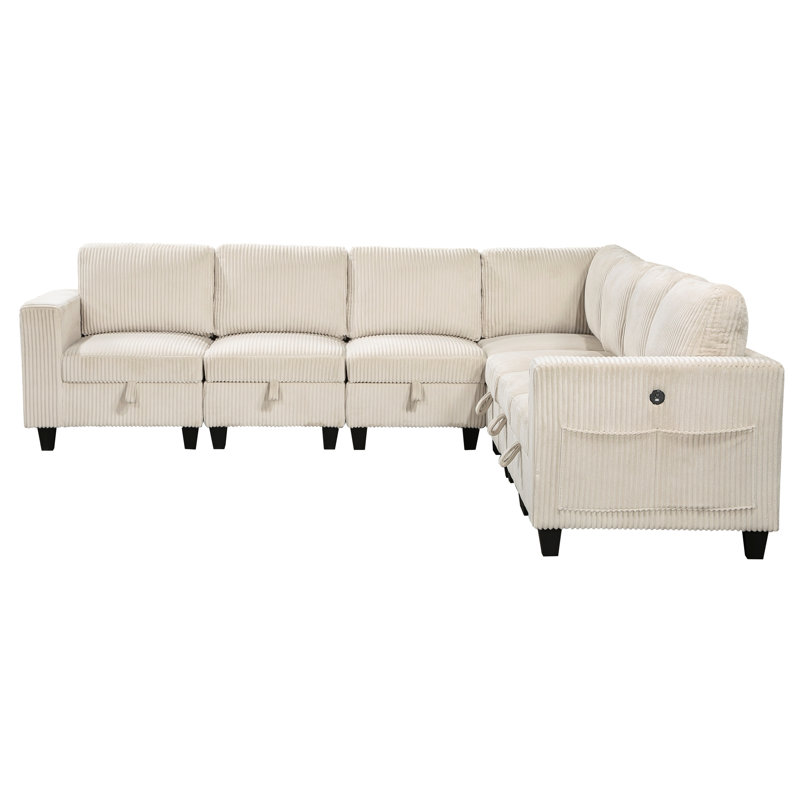 7 Modular Sectional In Beige Corduroy With Reversible Back Cushions And Storage Living Room Sectional, Detachable