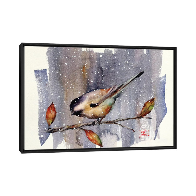 « chickadee snow » par dean crouser,, reproduction d’impression sur toile tendue, H 18 po x l 26 po x P 1,5 po, Pas de tapis
