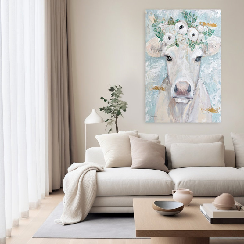 Annabelle la vache fantaisiste, portrait de vache contemporain, art floral, H 60 po x l 40 po