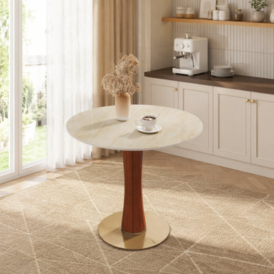 Table de salle à manger ronde Modern, table en pierre grotte 33,5 po avec pieds en bois et base dorée, table de cuisine pour 2 personnes pour un petit espace, capacité de poids de 150 lb