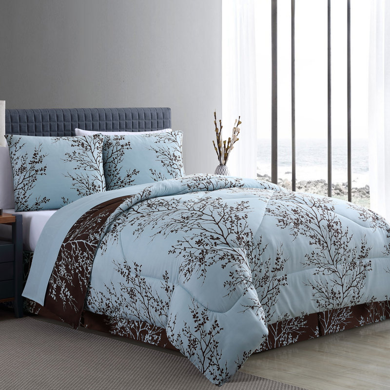 King Blue and Chocolate Floral Microfiber Bed in a Bag Set