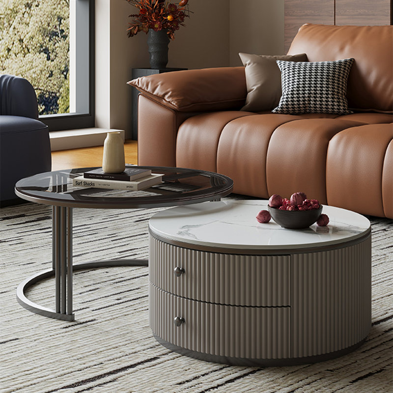 Round stone slab coffee table set, 16.5" H x 27.6" L x 27.6" W