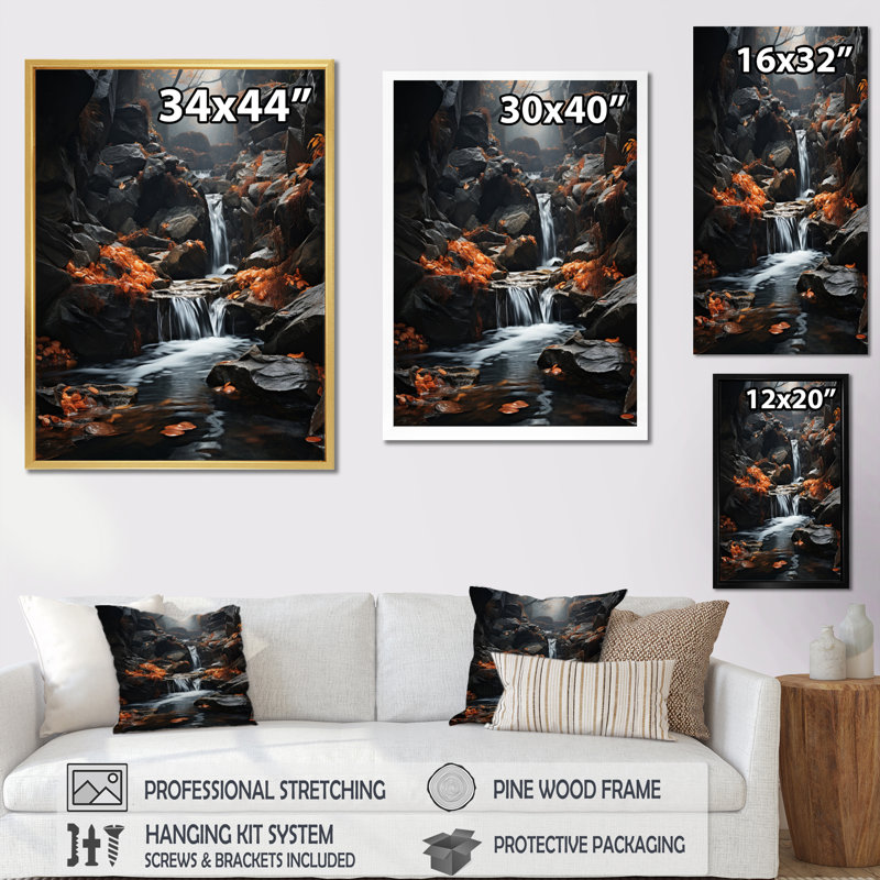 «Waterfall Harmony In Motion» sur toile, Cadre simple noir, H 20 po x l 12 po x P 1 po