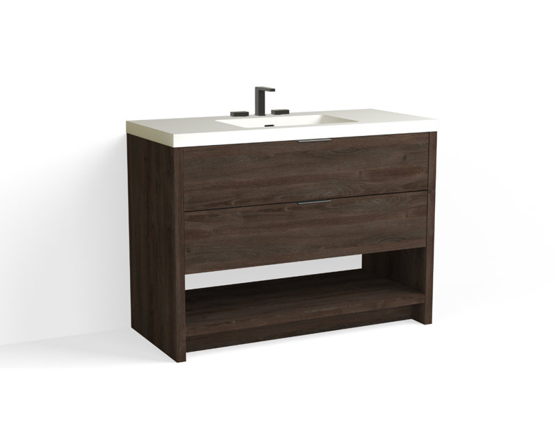 Vue 48" W Freestanding Single Bathroom Vanity, Nocino, Matte Black, Matte White/8" Widespread
