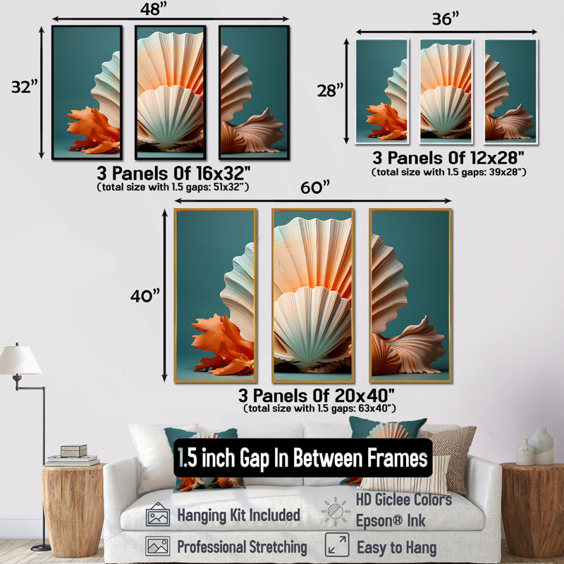 Ensemble de toiles Opulentes, coquillages symboliques II - coquillage, Cadre flottant blanc, H 28 po x l 36 po x P 1 po