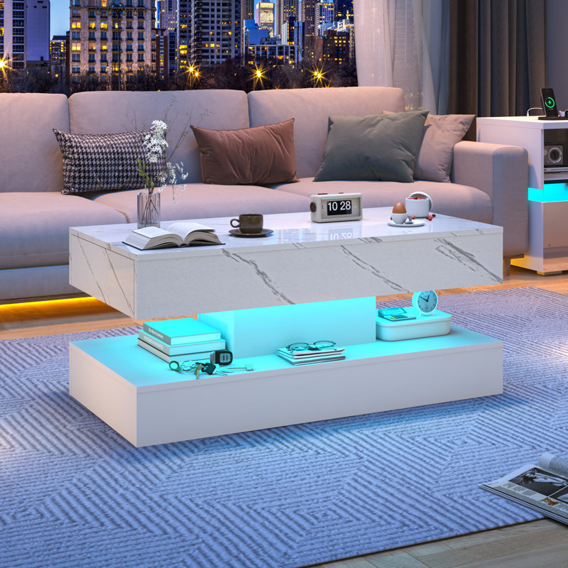 Table basse de 39,4 po moderne à DEL ultrabrillante avec 2 tiroirs de rangement, lumière centrale RVB de contrôle APP, imperméable et résistante aux égratignures