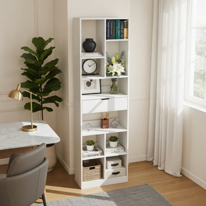 Étagère sur pied blanche à 7 niveaux avec tiroir, étagère de rangement haute pour salon, chambre et bureau, blanche