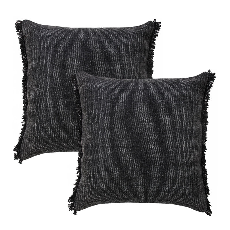 Contemporary Solid Stonewashed Cotton Throw Pillow, Black