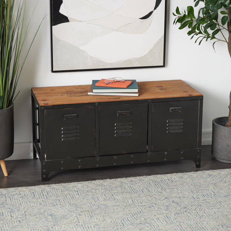 Banc de rangement à profil bas en métal noir avec 3 tiroirs et plateau en bois brun, 39 po x 16 po x 19 po