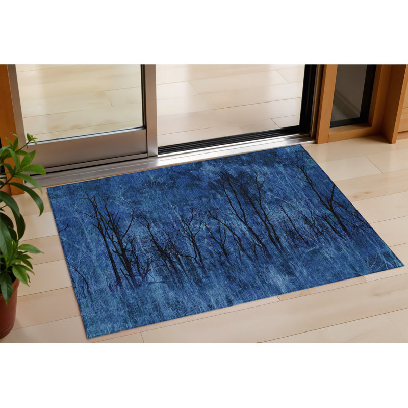 Tapis extérieur lavable floral bleu et gris anthracite 3 pi x 5 pi