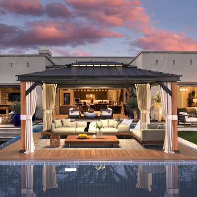 12 Ft. W x 16 Ft. D Aluminum Gazebo, Ultra-Thick Columns and Beams, Metal Canopy with Wood Grain Aluminum Frame