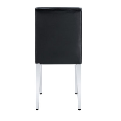 Deux chaises de salle à manger noires en polyuréthane, pieds en métal argenté, expérience de siège lisse et confortable, sensation de cuir haut de gamme, assise au design simple avec patins, coussin élastique, structure stable