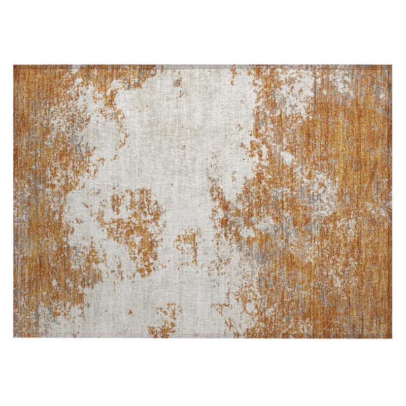 Copper and Beige Rectangular Washable Synthetic Rug