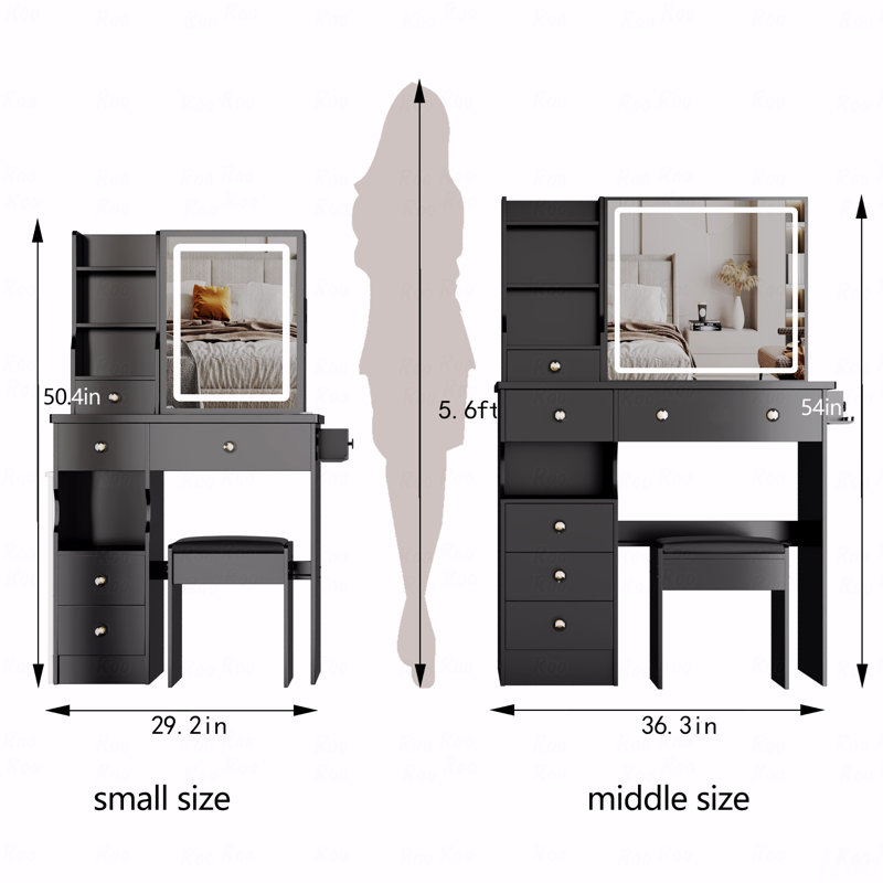 29.2" Small Size Left Drawer Desktop Vanity Table + Cushioned Stool, 2 Ac+2 Usb Power Station, Hair Dryer Bracket, Extra Large Touch Control Sliding Led Mirror, Brightness Adjust