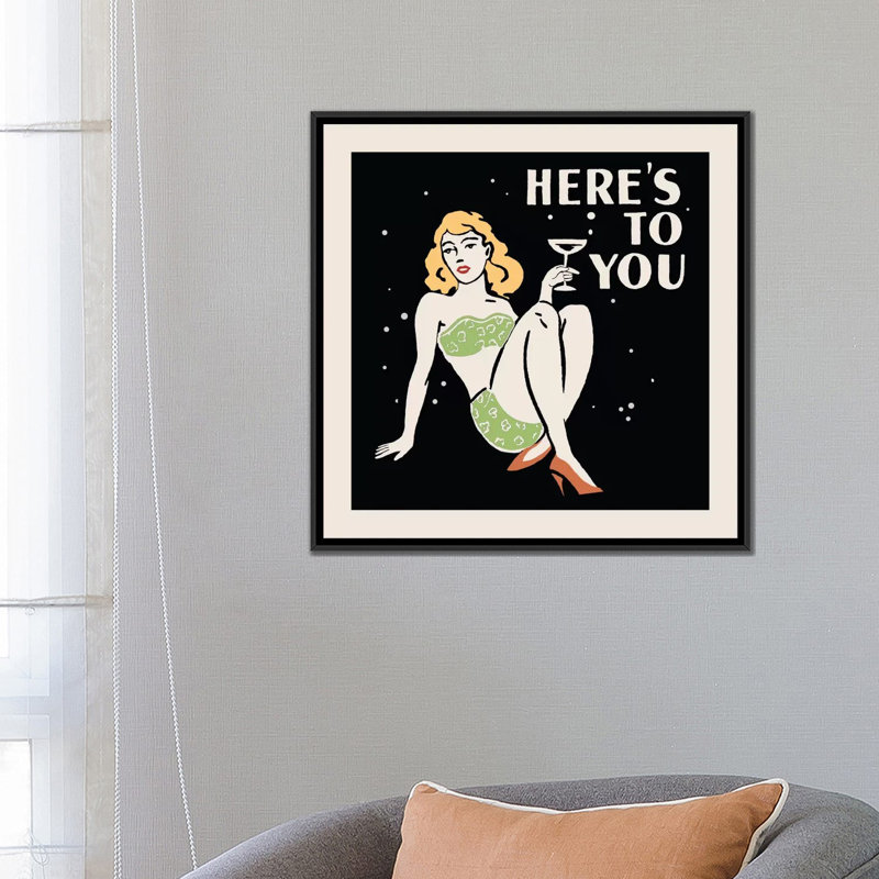 «Here Is to You», publicité rétro sur toile, H 18 po x l 18 po x P 1,5 po, Toile avec cadre noir, Pas de tapis