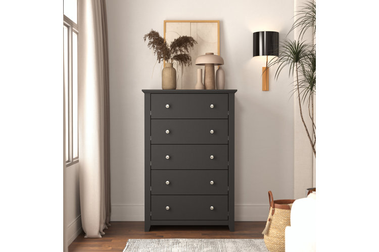 dark vertical chest of drawers with neutral decor