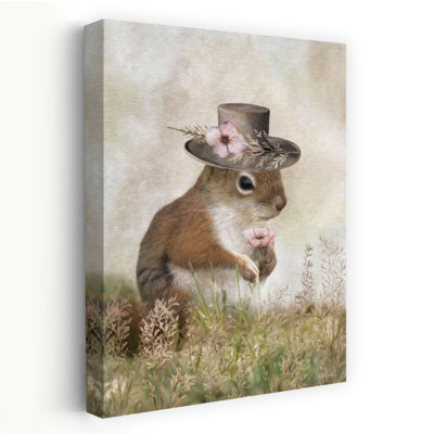 Woodland Charmer - Art contemporain écureuil avec chapeau et art floral fantaisiste