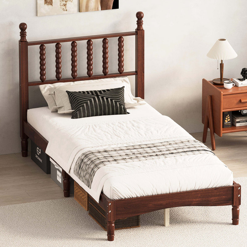 Lit plateforme simple en bois noyer rétro avec tête de lit en forme de gourde et support en lattes de bois, Lit simple, Noyer
