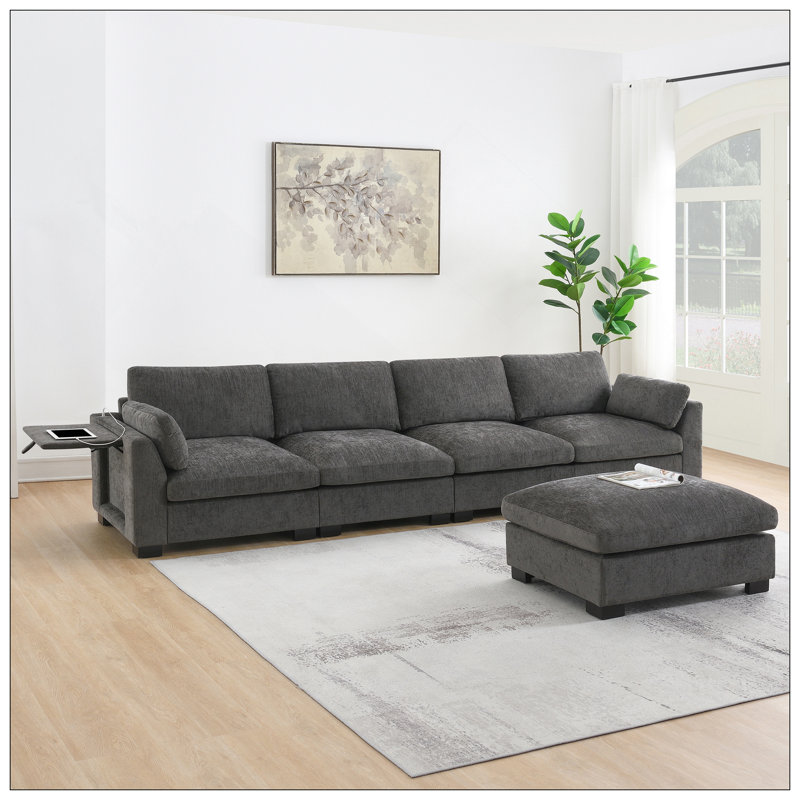 Canapé modulaire de 130 po en forme de L avec table pliante et port double, poches de rangement latérales, 2 coussins d'accoudoirs, repose-pieds à mouvement libre, mousse haute densité, chenille, 5 sièges,