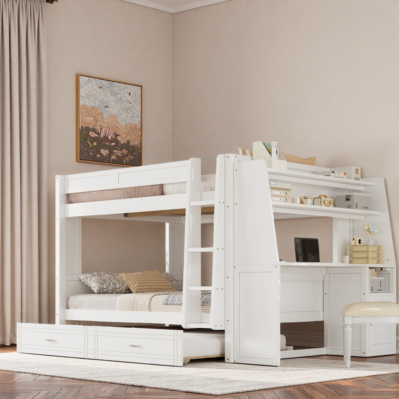 Lit superposé multifonctionnel avec bureau, étagères et lit gigogne, Blanc
